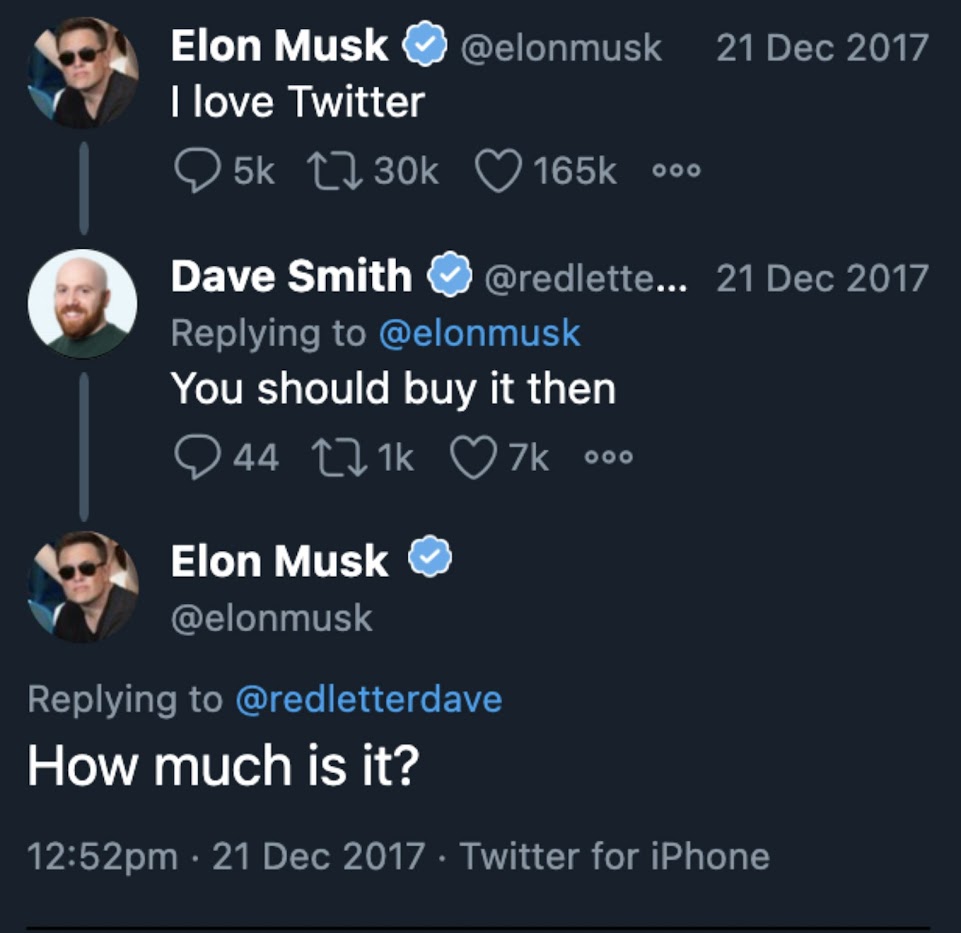 Screen z Twittera z 2017 roku w którym Elon Musk, żartobliwie, pyta o zakup całej firmy