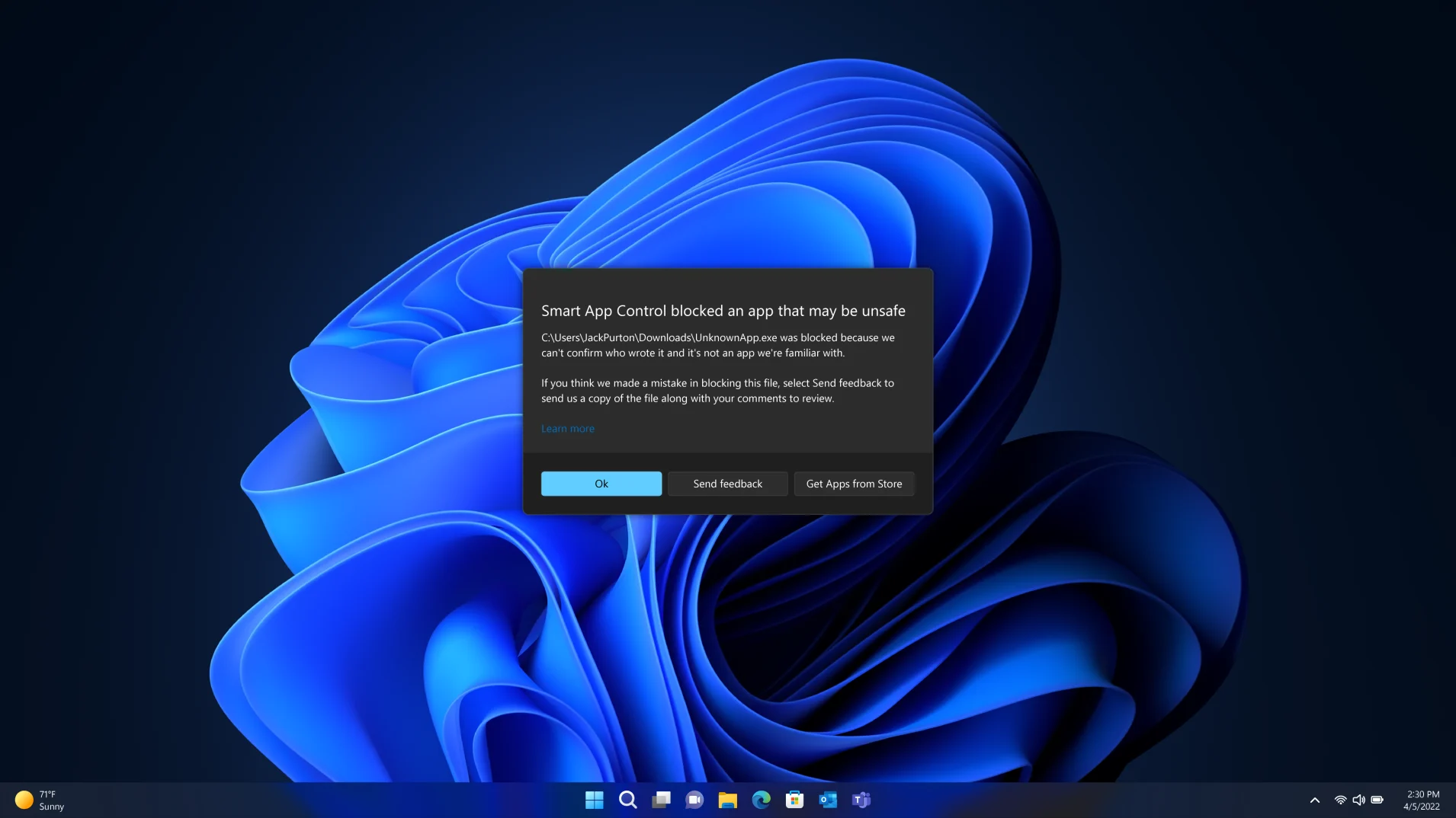 Zrzut ekranu z Windowsa 11 przedstawiający działanie aplikacji Smart App Control
