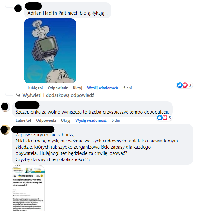 Na zrzucie ekranu komentarze na temat wydawania ludności tabletek jodku potasu